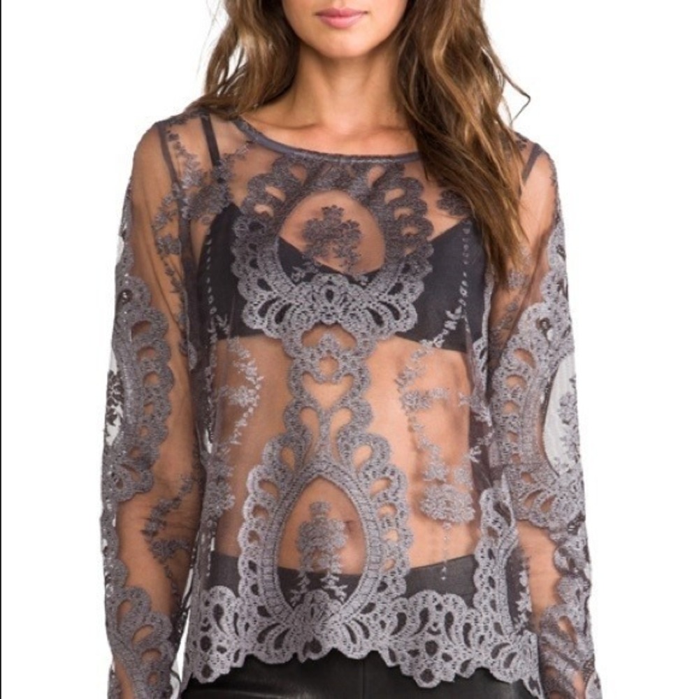 For Love & Lemons Gray Lace Long Sleeve Top EUC Size Small‎